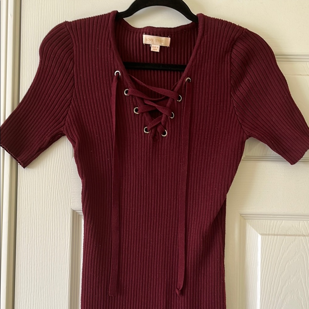 Burgundy Lace-Up Ribbed Top